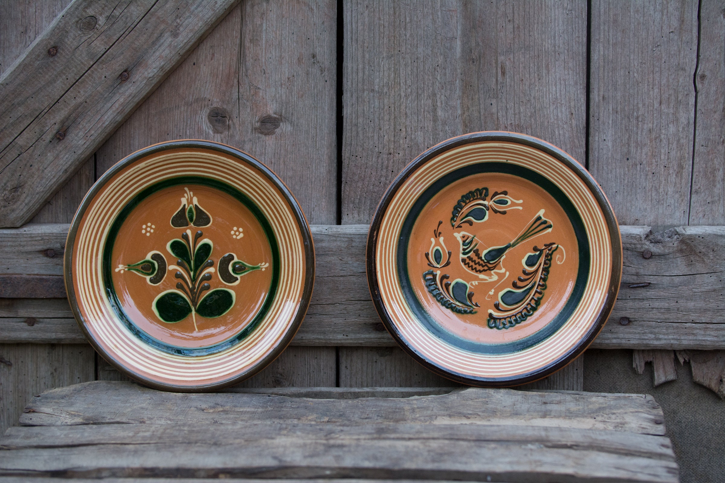 Vintage Large Pottery Wall Plates Hand Painted Flowers and Bird Motif