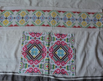 Vintage Hand-Embroidered Cross-Stitch Panels | Traditional Hungarian Folk Textile Art | Set of 2