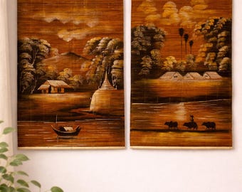 Hand-Painted Vintage Bamboo Wall Art | Rollable Natural Wall Hangings | Rustic Asian Landscape Decor