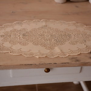 Vintage Beige Oval Lace Doily with Floral Pattern
