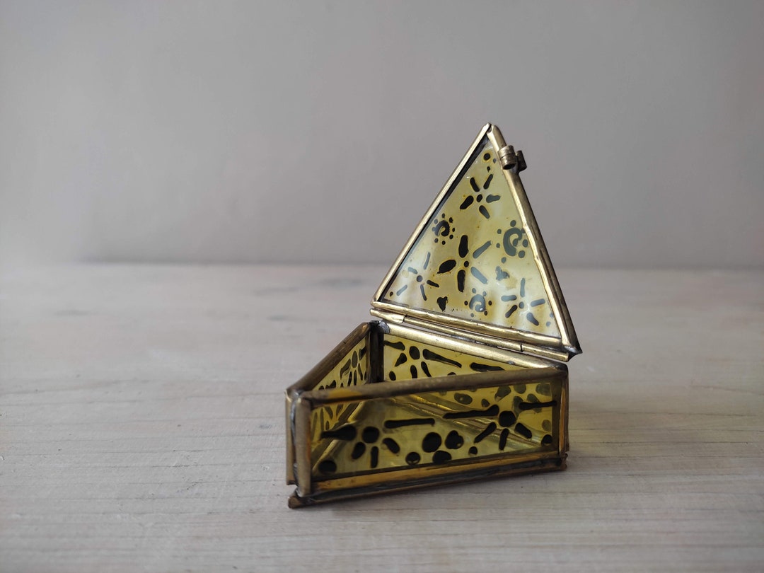 Vintage Triangle Jewelry Box in Gold Color With Amber Glass Etsy