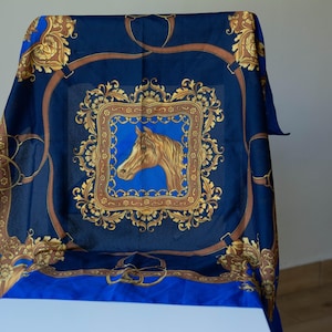 Vintage Equestrian Scarf | Baroque Horse Print, Blue & Gold | Elegant Accessory