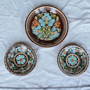 Vintage Pottery Plate Set - Dark Hand Painted Flowers from Hungary - Traditional Folk Plates