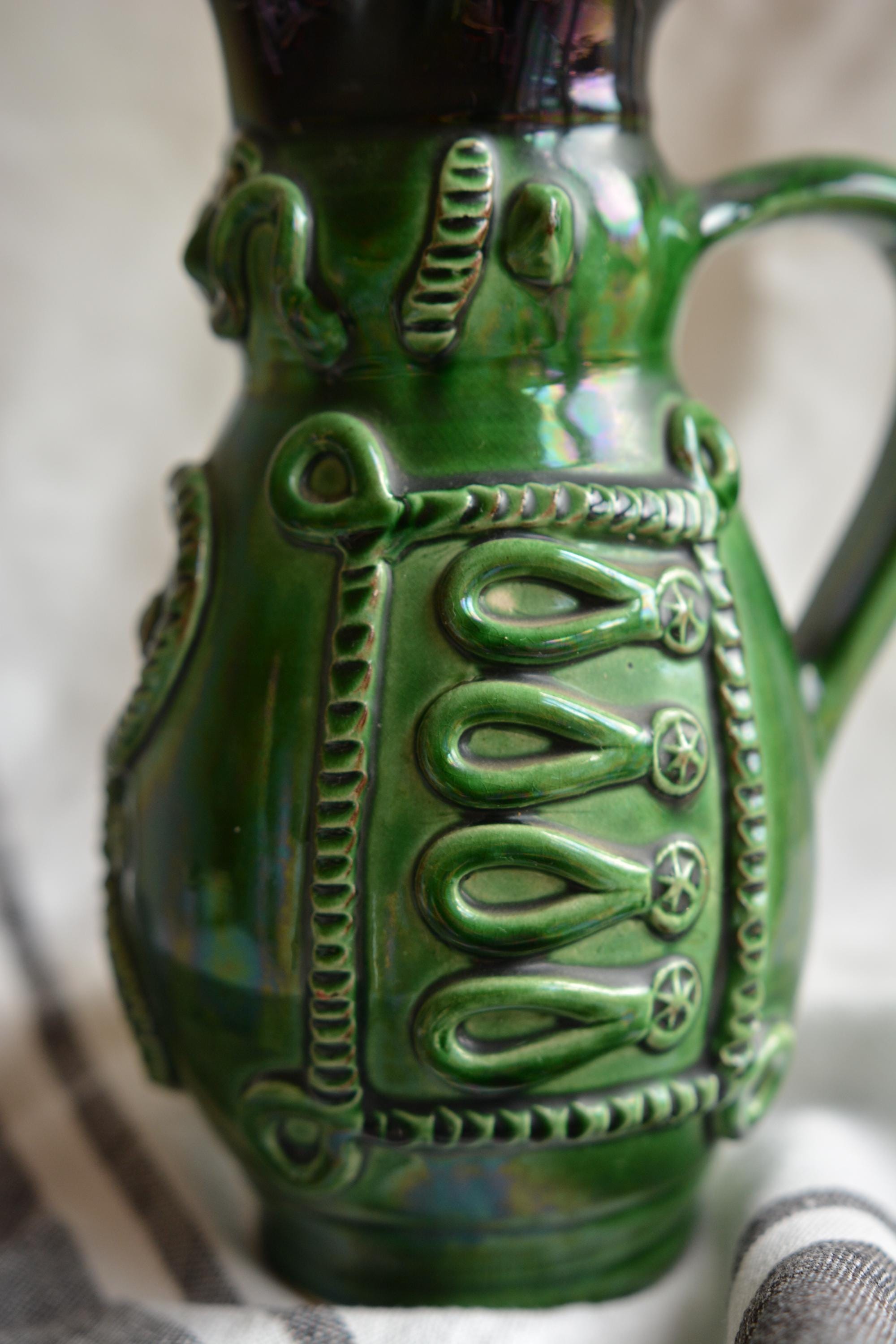 Vintage Hungarian Pottery Miska Jug | Green Glazed Pitcher