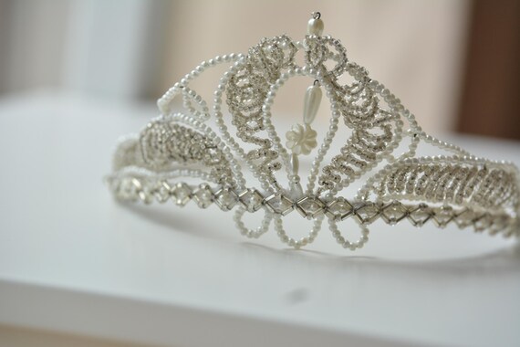 Vintage Beaded Wedding Tiara: Handmade White & Silver Bridal 