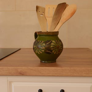 Antique Hungarian Pottery Pitcher | Rustic Vintage Jug with Patina | Handpainted Floral Decor | Green Earth Colors