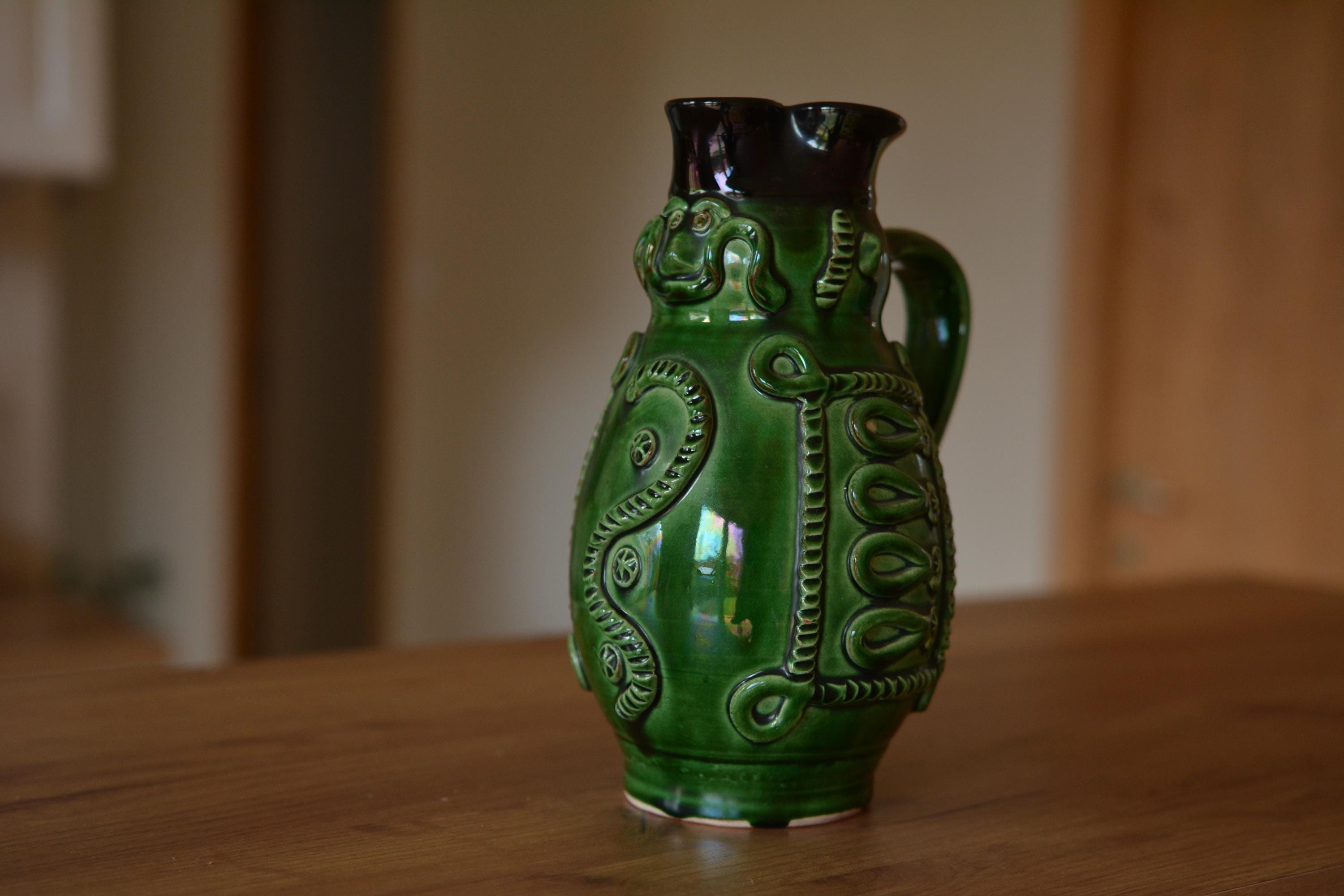 Vintage Hungarian Pottery Miska Jug | Green Glazed Pitcher