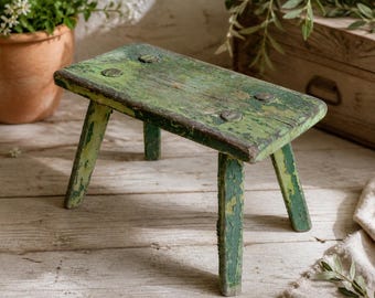 Rustic Vintage Green Wooden Stool | Charming Patina | Child Stool or Plant Stand