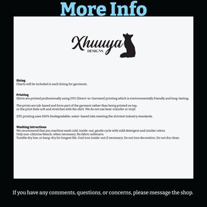 May include: A white sheet of paper with black text describing the printing and washing instructions for shirts. The text includes the phrase "Xhuuya Designs".