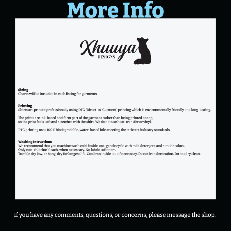 May include: A white sheet of paper with black text describing the printing and washing instructions for shirts. The text includes the phrase "Xhuuya Designs".