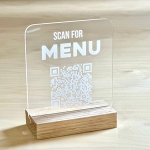 Engraved QR Code Sign with Wooden Stand: Small Business Menu Display