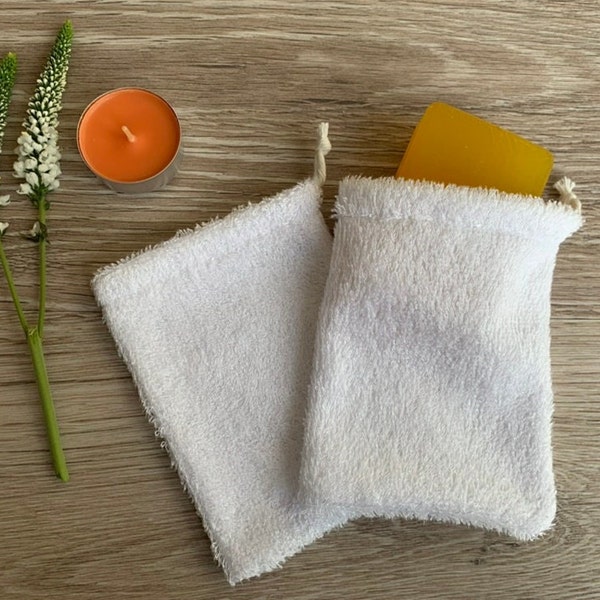 Bamboo Towelling Soap Save Bag. Eco gift for shampoo bar, conditioner bar, body soap and face soap.