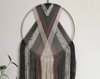 Colgante de pared de macramé en tonos salvia, malva y beige / Colgante de pared de aro