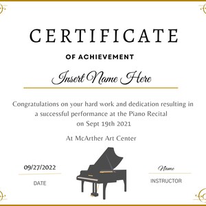 Piano Recital Certificate, Piano Award Printable, Child Certificate ...
