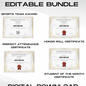School Classroom Editable Awards / Printable Certificates 4 Designs / Editable / School / Honour Roll Awards / editable sports certificate