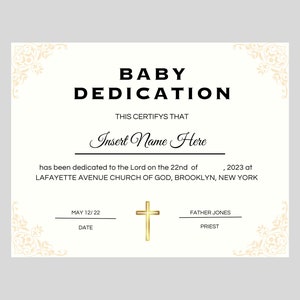 Certificado de dedicación de bebé, regalo de bautismo imprimible, plantilla de certificado de dedicación de bebé, dedicación de bautizo de bebé editable, bebé, recién nacido