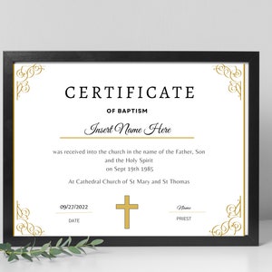 Certificado de bautismo editable, certificado religioso dorado, plantilla de certificado de bautismo, certificado de bautismo imprimible, certificado