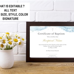 Plantilla de certificado de bautismo editable, descarga editable de bautizo, certificado DIY, descarga instantánea, descarga editable, certificado elegante