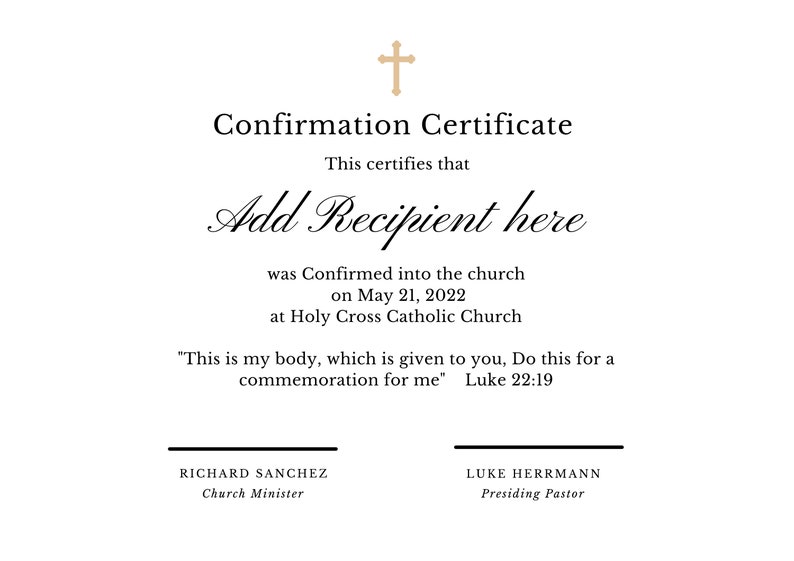 Editable Certificate of Confirmation, Religious Gold Certificate