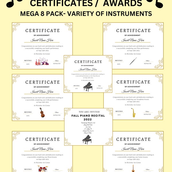 Music Recital Certificate Mega Pack, 8 Instruments Award Printable, Piano template certificates, Recital Invitation, Music Certificate