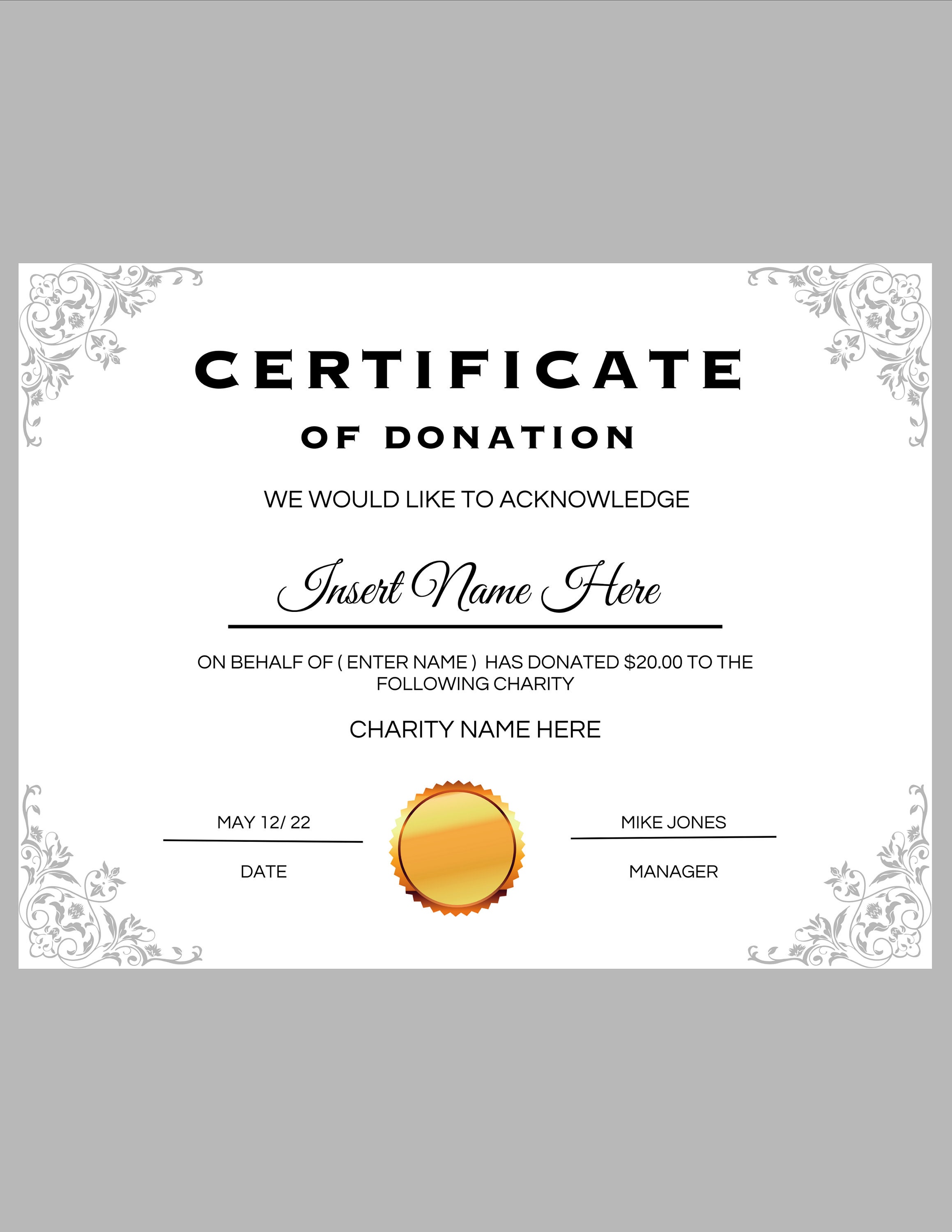 Editable Certificate of Donation Template, Printable Charity Donation ...