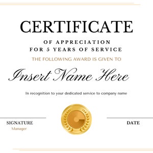 Editable Years of Service Award Certificate Template (Digital Download)