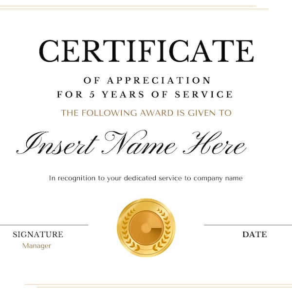 Editable Certificate Years of service, Elegant company award Template, Printable years of service Certificate, Work Anniversary,