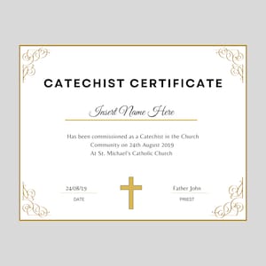 Certificado de Catecismo Editable, Certificado Religioso Dorado, Plantilla de Certificado de Catecismo, Certificado de Catecismo Imprimible, Iglesia