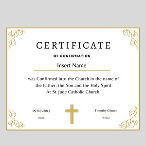 Editable Confirmation Certificate Template: Gold Border (Digital Download)