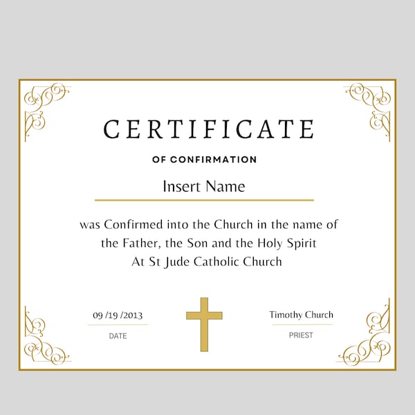 Editable Certificate Of Confirmation, Religious Gold certificate, Confirmation Certificate Template, Printable Confirmation Certificate