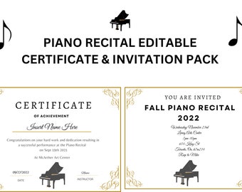 Piano Recital Certificate, Piano Award Printable, child certificate, Piano template certificates, Recital Invitation, Music Certificate