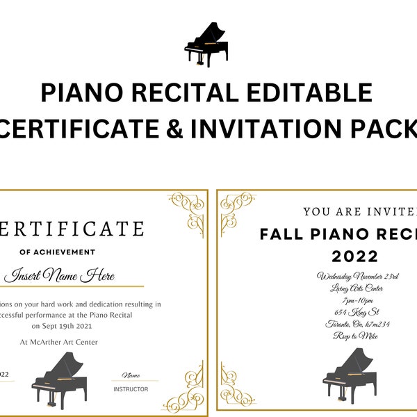 Piano Recital Certificate, Piano Award Printable, child certificate, Piano template certificates, Recital Invitation, Music Certificate