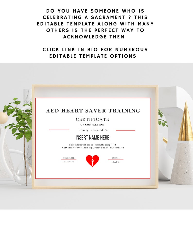 AED Heart Training Certificate, CPR Editable Template, Cpr Course ...