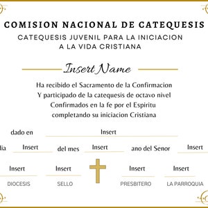 Bearbeitbares Konfirmationszertifikat, Religiöses Goldzertifikat, Spanische Bestätigungszertifikatvorlage, Spanisches Bestätigungszertifikat