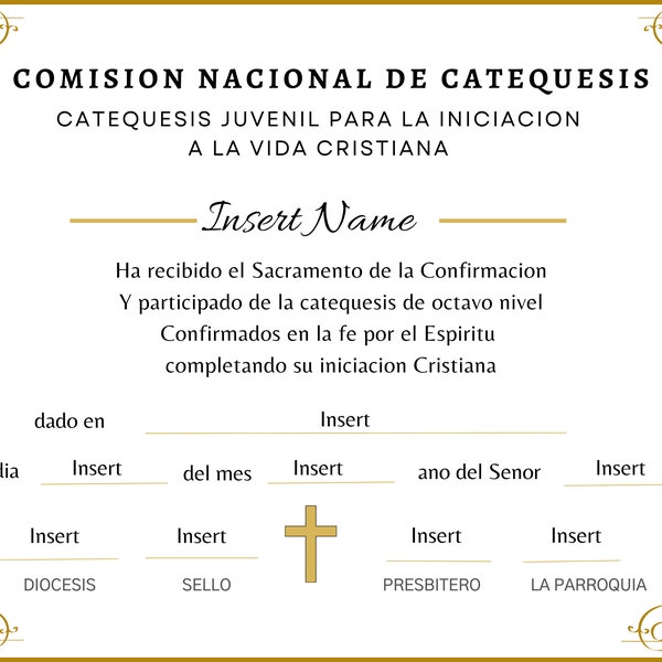 Editable Certificate Of Confirmation, Religious Gold certificate, Spanish Confirmation Certificate Template,Spanish Confirmation Certificate