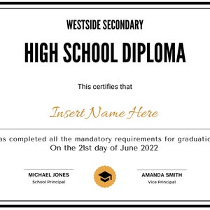 Certificat modifiable de diplôme d'études secondaires, diplôme d'études secondaires or, certificat d'achèvement, modèle de diplôme imprimable