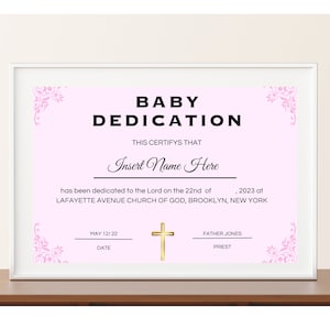 Certificado de dedicación de bebé, regalo de bautismo imprimible, certificado de dedicación de bebé, dedicación de bautizo de bebé elegante, plantilla rellenable