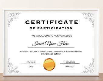 Editable Certificate of Participation, Participation Award Template, DIY Printable Appreciation ...