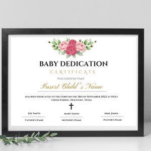 Certificado de dedicación de bebé, regalo de bautismo imprimible, plantilla de certificado de dedicación de bebé, dedicación de bautizo de bebé editable