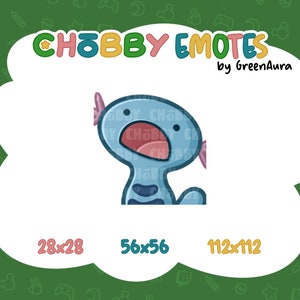 Könnte beinhalten: Digitalgrafik einer blauen Cartoon-Kreatur mit offenem Mund, vor einem weißen, wolkenförmigen Hintergrund. Der Text "CHOBBY EMOTES" wird über der Kreatur angezeigt, mit Größenangaben darunter.