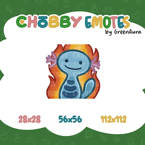 Könnte beinhalten: Ein blauer und orangefarbener Cartoon-Axolotl mit freundlichem Gesichtsausdruck vor weißem Hintergrund. Der Axolotl ist von Flammen umgeben. Der Text "CHOBBY EMOTES by GreenAura" befindet sich oben im Bild.