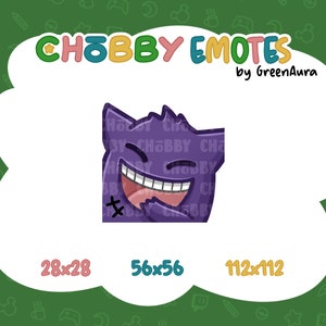 Könnte beinhalten: Lilafarbener Cartoon-Geist mit weit offenem Mund und einem schelmischen Grinsen. Der Geist lacht und hat einen genähten Mund. Der Text "CHOBBY EMOTES by GreenAura" befindet sich oben im Bild.