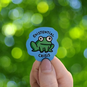 May include: A blue sticker with a green frog cartoon and the text "Existential Crisis".