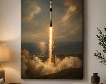 SpaceX Falcon 9 Canvas Wall Art, Rocket Launch Print, Classic Realism Space Decor