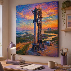 May include: A square canvas wall art print featuring an impasto-style oil painting of a tall rocket standing on a launch pad at sunset. The sky is filled with vibrant orange, pink, and purple clouds above a coastal landscape with water and greenery.