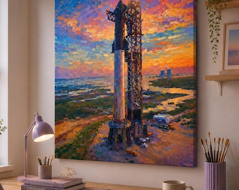 SpaceX Super Heavy Canvas Wall Art, Impressionism Rocket Print, South Texas Space Decor