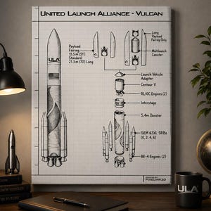 Cuadro decorativo de pared ULA Vulcan, lámina con dibujo de ingeniería de cohetes, decoración con planos aeroespaciales.