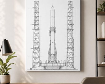Rocket Blueprint Canvas Wall Art, Space Engineering Sketch Print, Modern Aerospace Decor
