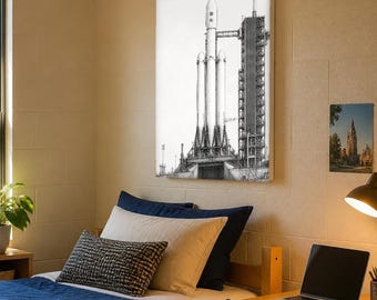 NASA Payload Falcon Heavy Canvas Print, Graphite Drawing, Teen Boy Dorm Room Decor