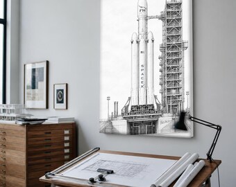 SpaceX Falcon Heavy Architectural Sketch, Graphite Canvas Print, Drafting Studio Decor, Engineer Gift